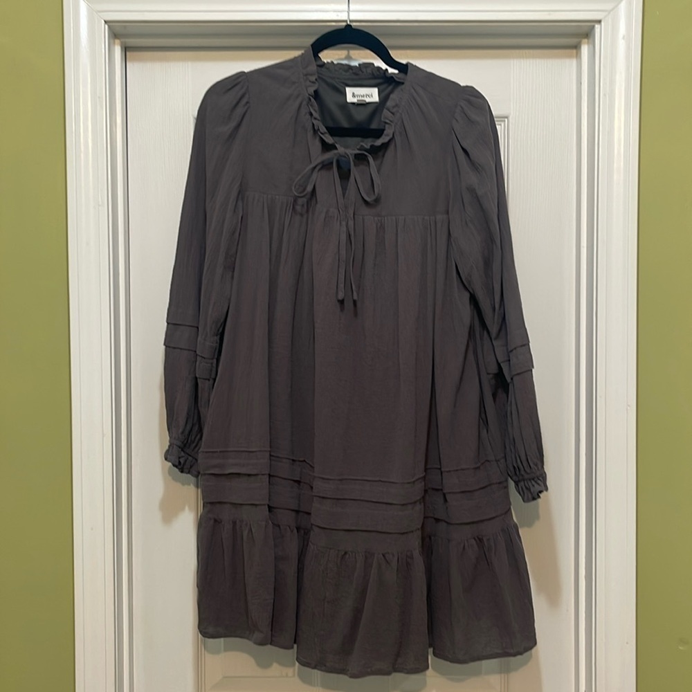 Merci - gray long sleeve peasant dress - cottage core - size M